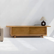 Modern wooden TV unit with a sleek design and pecan color tones for a contemporary look.